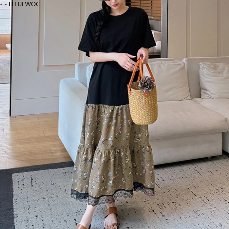 ชุดหลวมผู้หญิง Vestidos ยุโรปสไตล์ผู้หญิง 2025 ฤดูร้อน Patchwork ลูกไม้สีดํา Ruffles สีดําผ้าฝ้ายผสมเสื้อยืดชุด