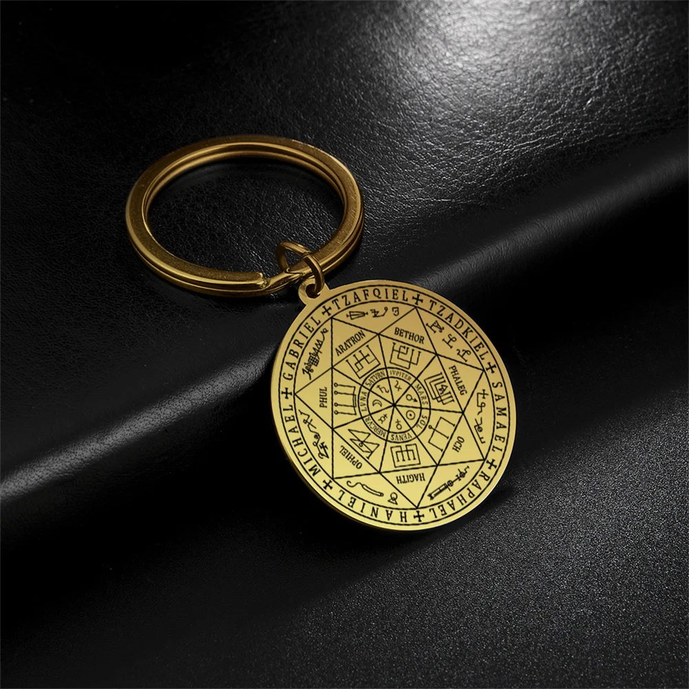 Jeshayuan The Seal of The Seven Archangels Pendant Keychain for Men Kabbalah Vintage Stainless Steel Keyring Amulet Jewelry