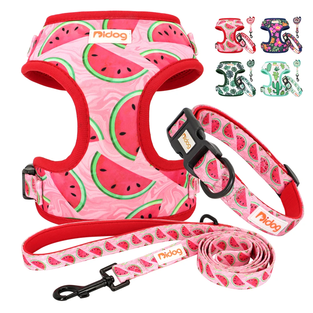 Printed Nylon Dog Collar Harness Leash Set Soft Breathable Pet Vest Harnesses Adjustable Pet Collars Leads For Small Medium Dogs