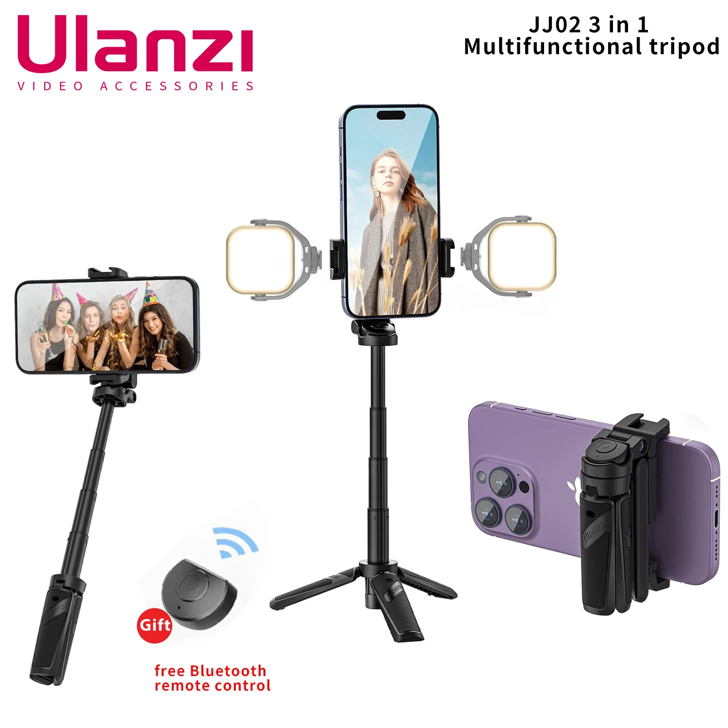 Ulanzi JJ02 Wireless Selfie Tripod With Bluetooth Remote Control Portable Foldable Monopod For Smart Phone Booster Handle Grip