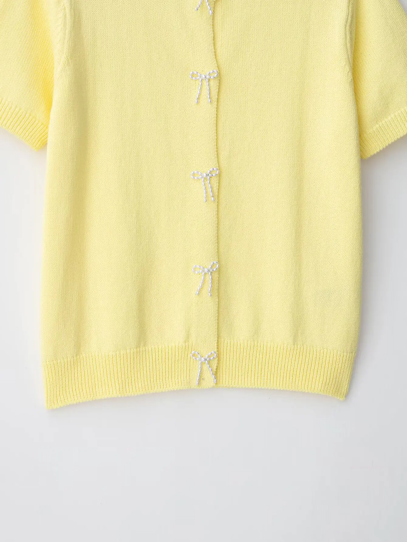 Giacca lavorata a maglia con fiocco di perle artificiali semplice e comoda moda casual da donna nuova estate 2025