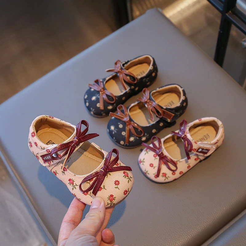 

New Sweet Girls Princess Shoes Fashion Flower Printed Kids Leather Shoes School Performance Causal Kids Ballet Dress Flat Shoes