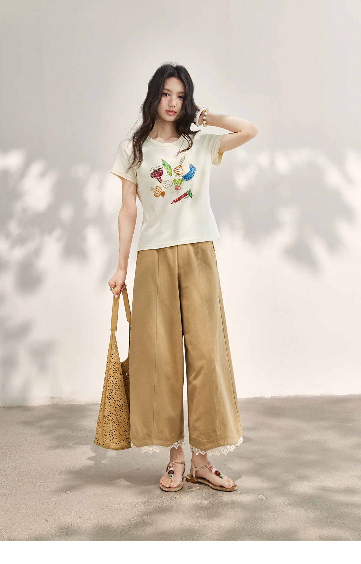 MISHOW Khaki High Waisted Wide Leg Cropped Pants For Women 2026 Summer Lace Trimmed Hem Retro Casual Loose Pants MXF24K1294