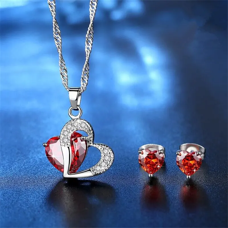 New 925 Silver Cute Heart Crystal Pendant Necklace Earrings Jewelry Set For Women Anniversary Gift Fashion Jewelry