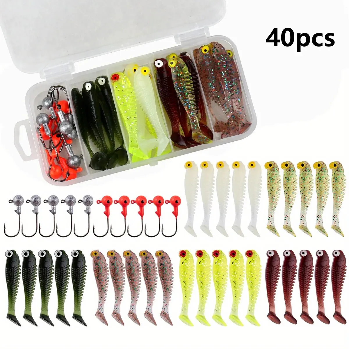 40pcs/lot Soft Lure Kit Soft Fishing Lure 5cm 3.5g Jig Head Hook with Fishing Tackle Box Pesca