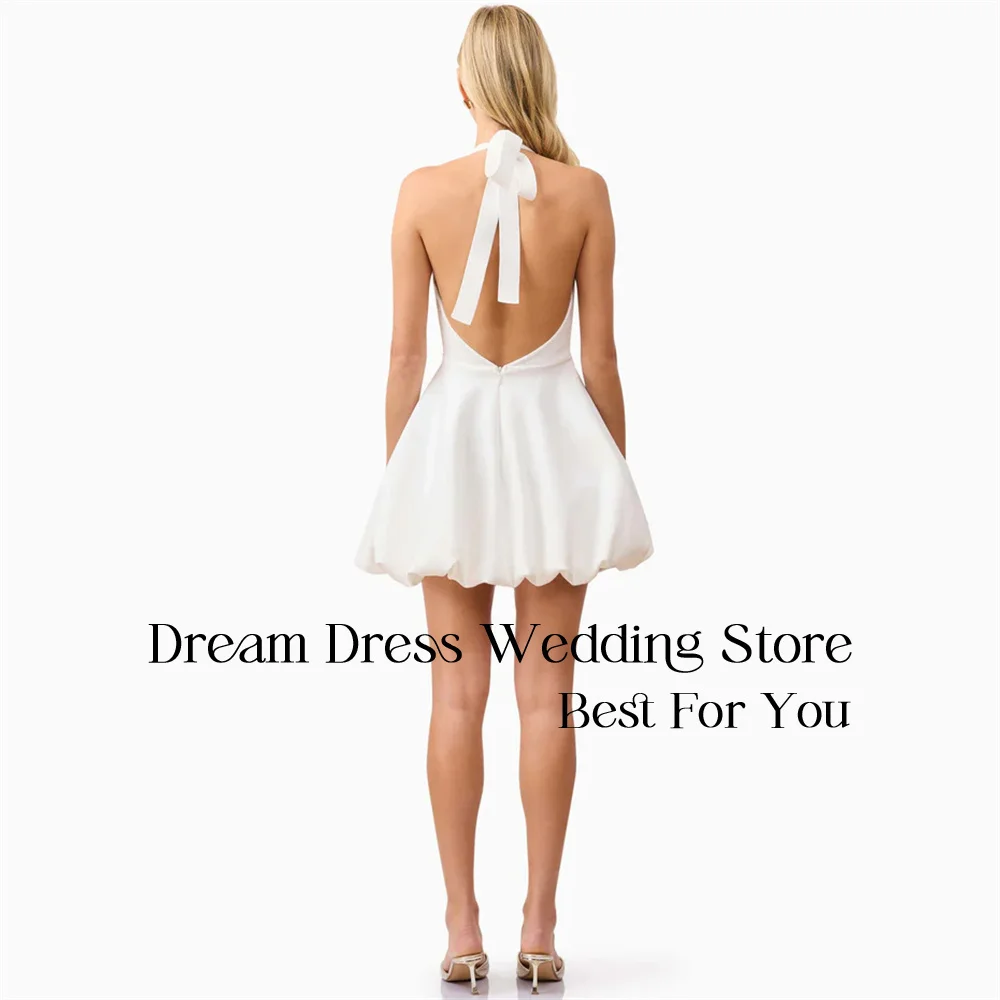 DREAM Sexy Short Wedding Dress Deep V-Neck Open Back Halter Bow Pleat Above-Knee Party Bridal Gown Vestido De Noiva Customized