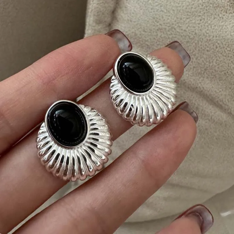 

925 Sterling Silver Earrings For Women Trendy Geometric Black Stone Earring Jewelry Prevent Allergy Party Gift Accessories