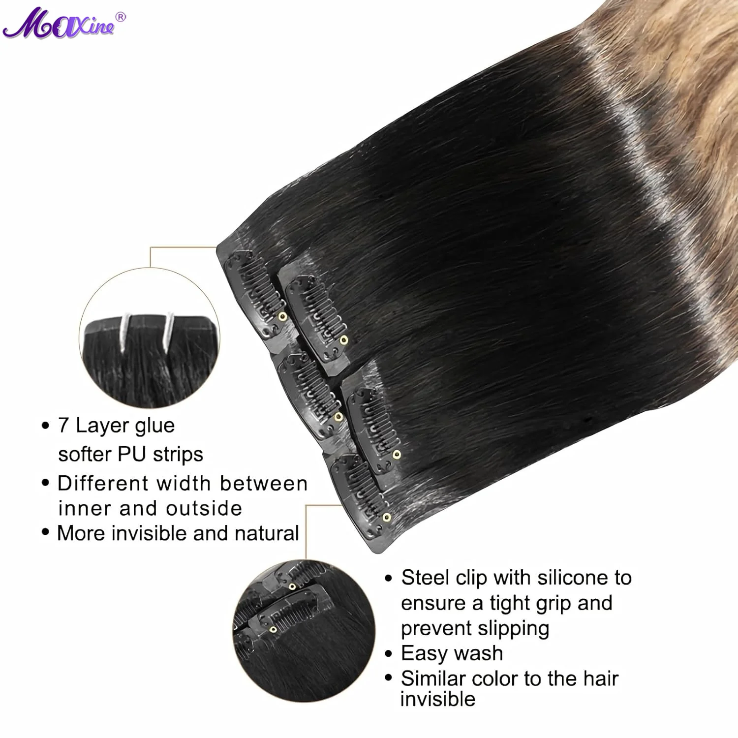 Balayage Natural Black to Chocolate Brown Mix Caramel Blonde Clip in hair extensions  clip in human hair 16 Inch 30g 5pcs