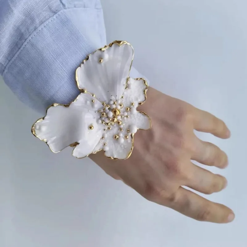 Large White Flower Open Cuff Bangle Gold Trim Textured Floral Bracelet Women Daily Statement Jewelry
