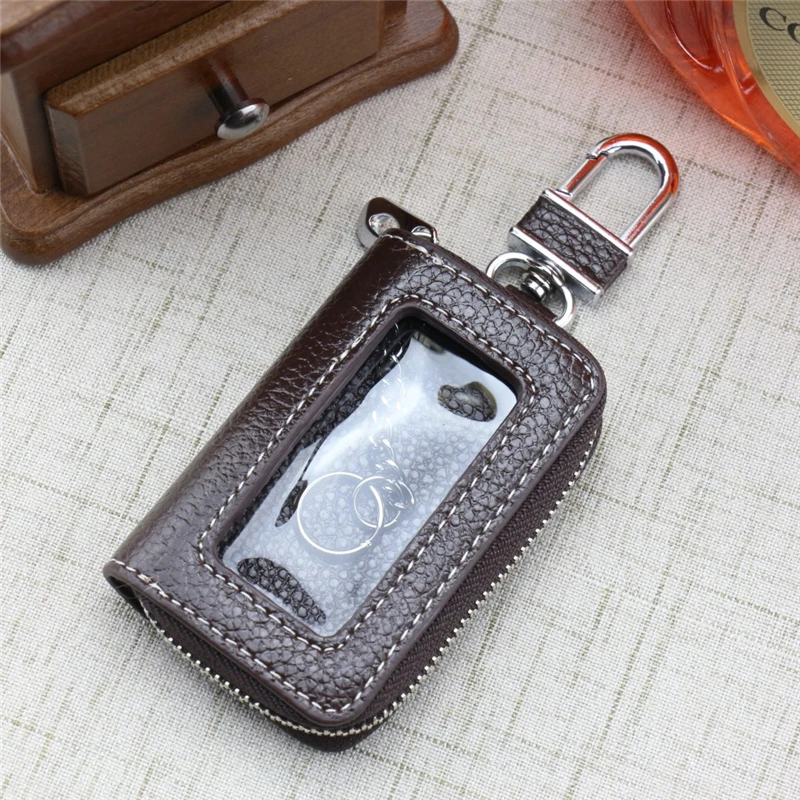 Universal Pu Leather Car Key Cover Transparent Visible Zipper Case Bag Keychain For Car Mini Keys Bags With Lock Shape Hook