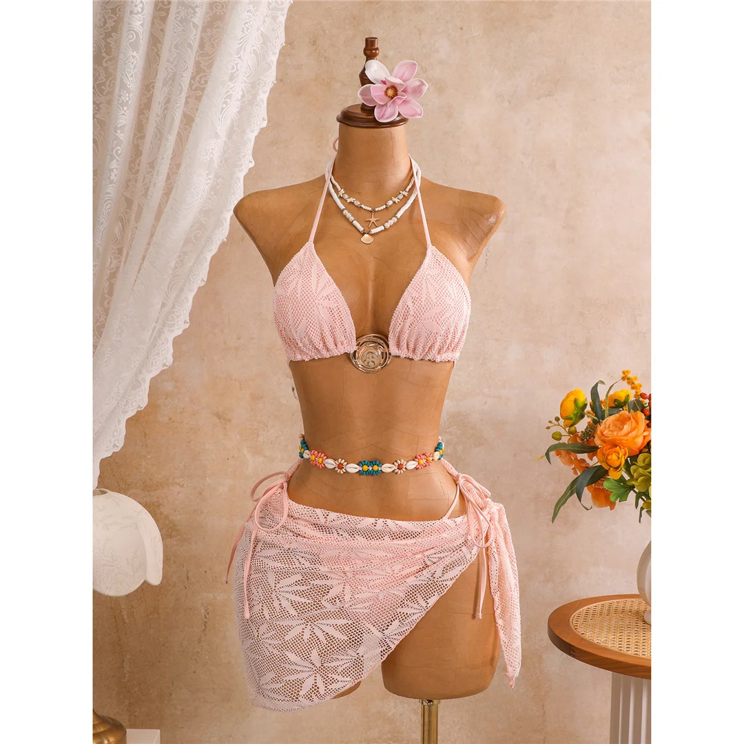 Mit Sarong-Blättern bedruckter Neckholder-Bikini, Damen-Badeanzug, dreiteiliges Bikini-Set, Badebekleidung, Badeanzug, Schwimmanzug V8367 – Detail 26