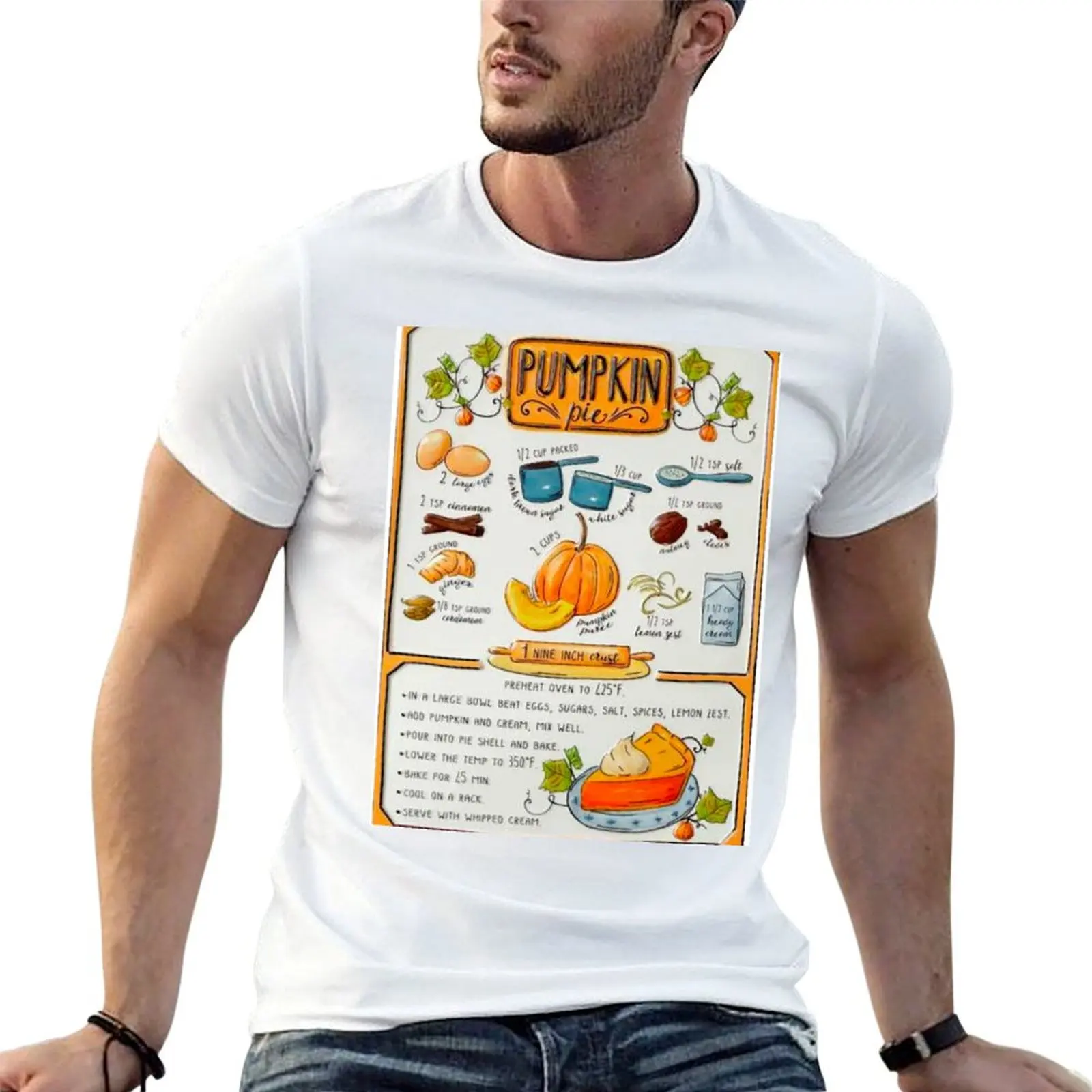 Camiseta con diseño de receta de tarta de calabaza, camisetas gráficas vintage para hombre, camisetas divertidas de algodón para hombre, camiseta de diseñador