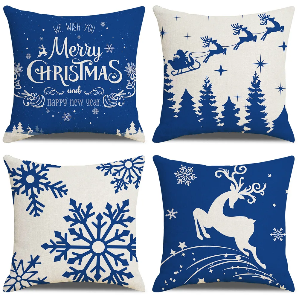 

Merry Christmas Pillow Cover 45x45cm Winter Home Decoration Cushion Cover Xmas Gifts Linen Blue Throw Pillowcase fundas de cojin