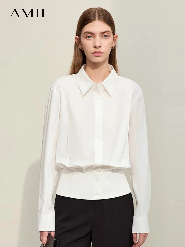 Amii Minimalism Shirts For Women Spring 2024 New Simple Commuter Lapel Pleated Waist Cotton Solid Female Loose Blouses 12441101