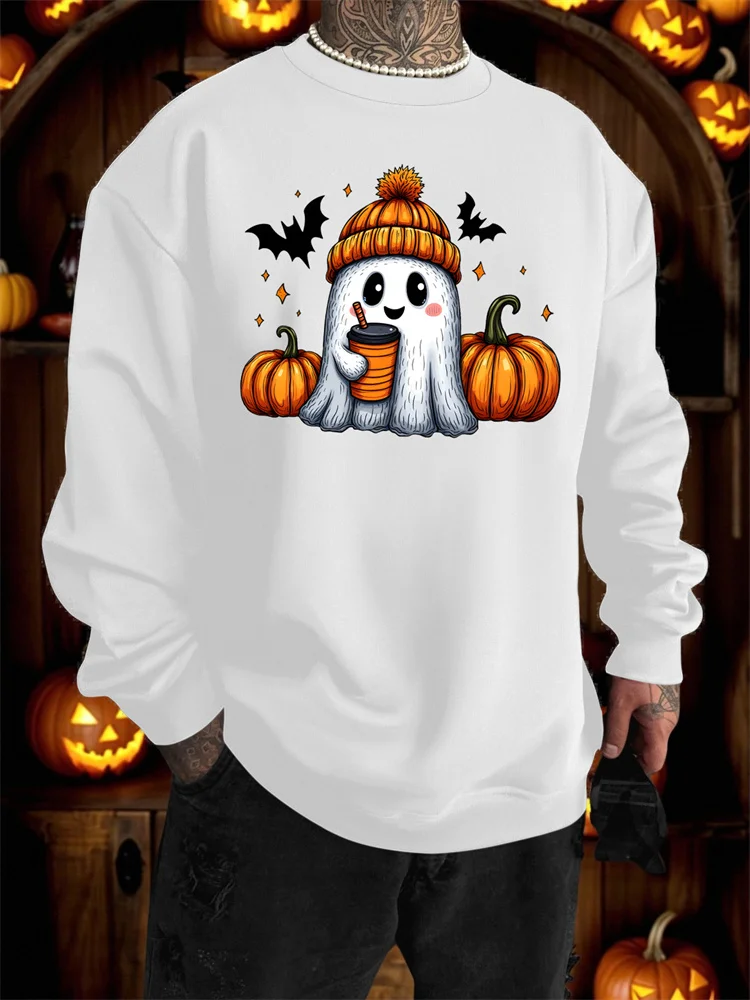 

Men's Black Halloween Pattern Printed Loose Street Style Sweatshirt Cute Pumpkin Bat Design, Autumn Casual Round Neck Pullover