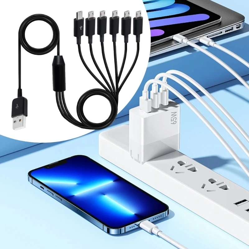 USB2.0 Type A Male to 6 Micro USB Male Data Connector Cable Sync Power Cable Splitter for Phone High Speed