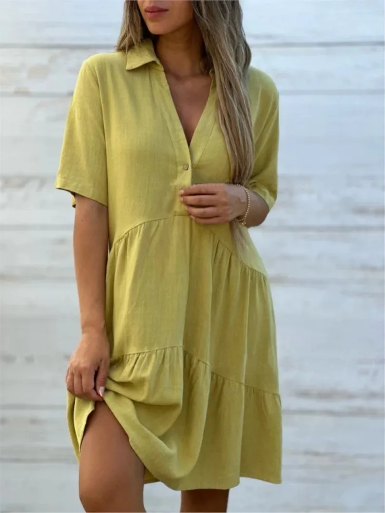 

Summer Solid Color Button V-neck A-lien Splicing Dresses Women Cotton Linen Short Sleeve Midi Dress Female Casual Pleated Dress