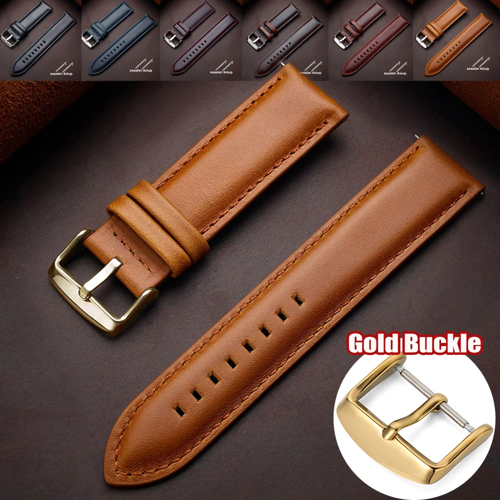 Gold Buckle Vintage Cowhide Watch Strap 18mm 20mm 22mm 24mm Genuine Leather Watchband Quick Release Bracelet Universal Wristband