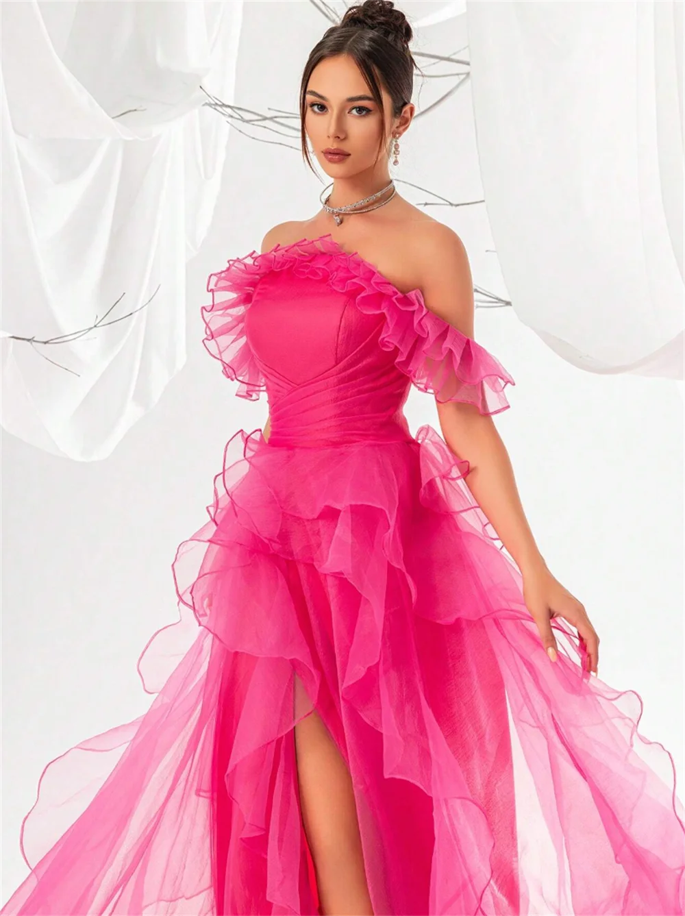 Annie Sweetheart-vestidos de Organza para graduación, ropa de noche Sexy con hombros descubiertos, abertura lateral, color rosa