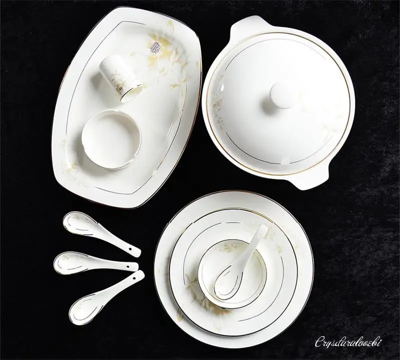 46piece Set, Fine Bone China Dinnerware Sets, Porcelain Bento, Party Dinner Plate, Buffet-dishes for Serving, Gold Line Design