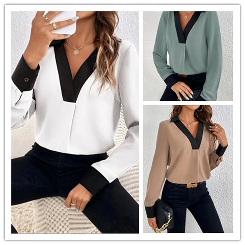 2023 New Women\'s Clothing Summer V-Neck Long Sleeve Loose Thin Commuter Fashion Casual Commute Contrast Color Modern Shirt