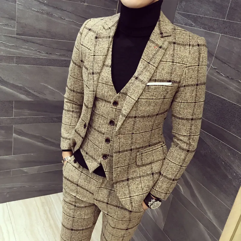 (Jackets+Vest+Pants) 2022 Men plaid business Blazers/Male slim fit pure cotton three-piece suit/Man plaid groom dress M-5XL