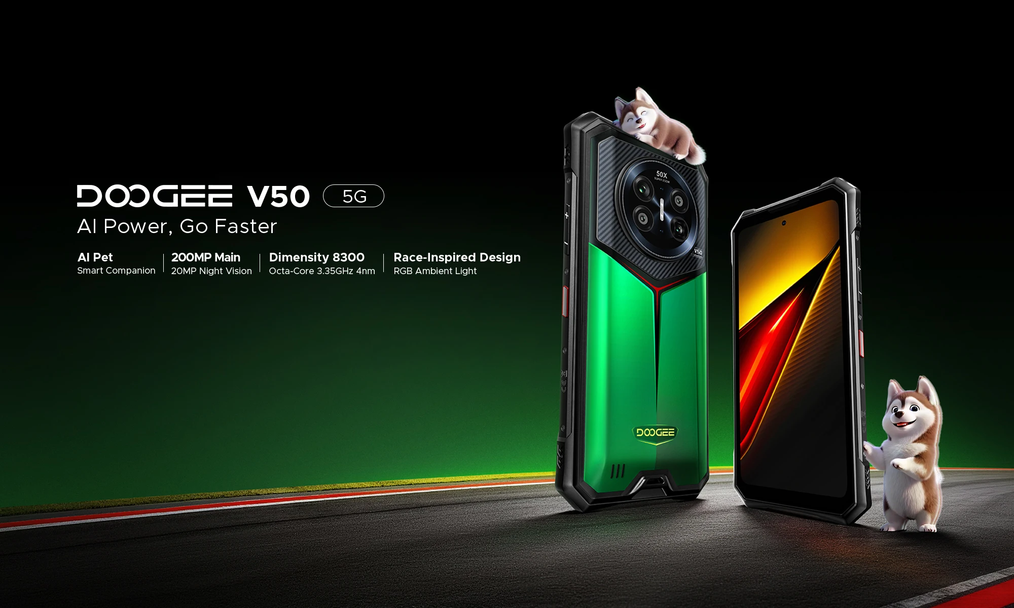 DOOGEE 5G V50 Flagship Rugged Smartphone, Dimensity 8300, 16GB+512GB, RGB Light, 200MP+20MP Night Vision+8MP Telephoto +8MP Wide Lens, Bluetooth Intercom, AI Features, 6.78" FHD 120Hz 550nit Screen, 66W, 11000mAh Silicon Carbon Battery, NFC, WiFi6E