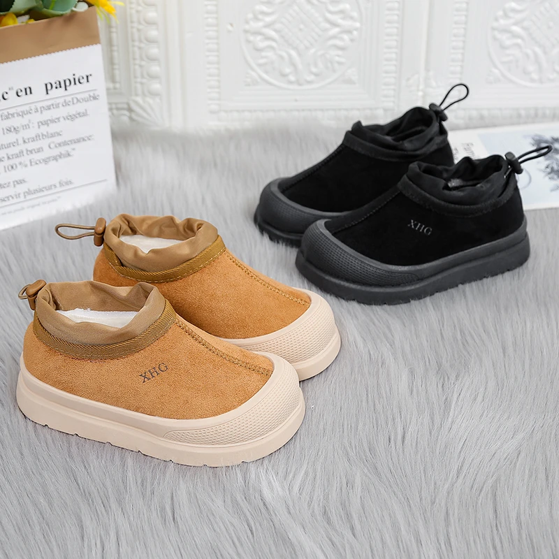

Kids Warm Plush Lining Low Boots for Boys Girls 2025 New Winter Kids Elastic Gore Leather Shoes Non-slip Simple Outdoor Footwear