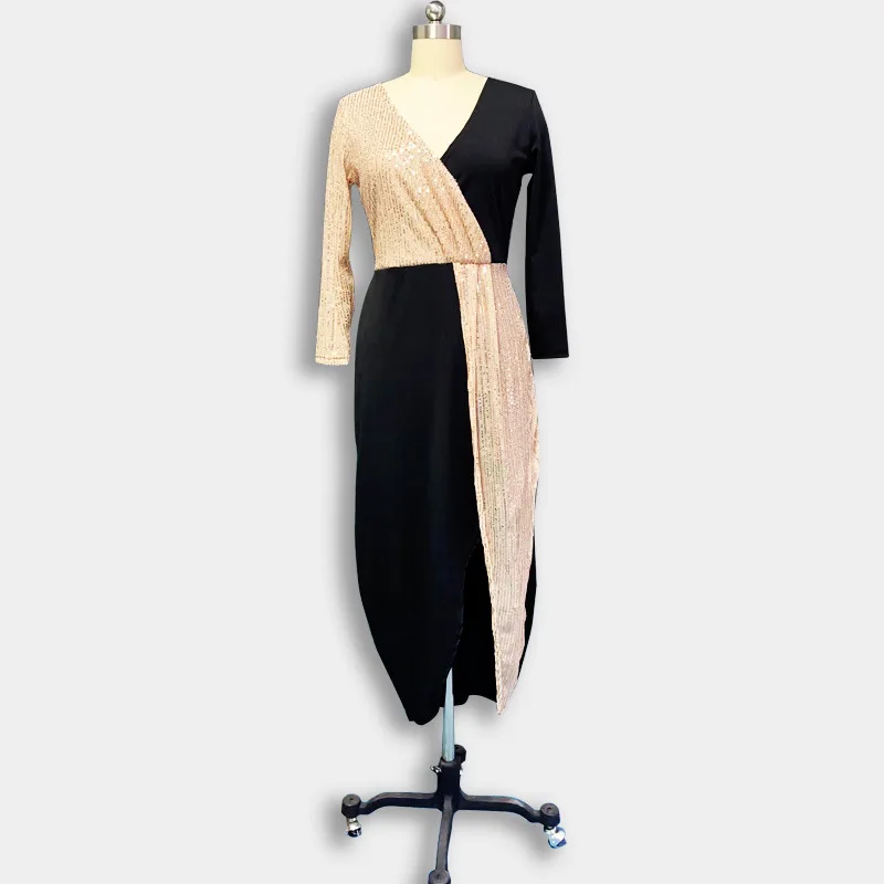 Temperament and ankle two-color black and gold ethnic style high waist solid color temperament dress long sleeve waist dress