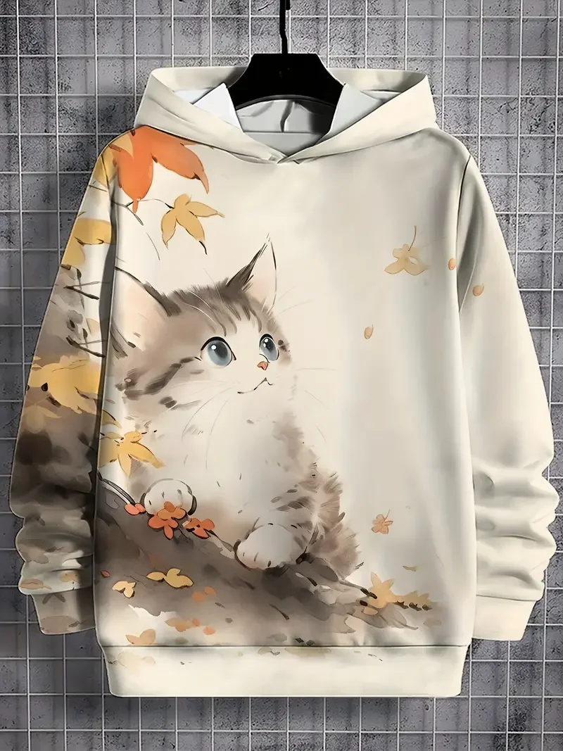 Men's Hoodie Cute Cat Graphic Print Sweatshirts Harajuku Hooded Shirt Y2k Pullover Casual Clothes Streetwear Top Men's Clothing