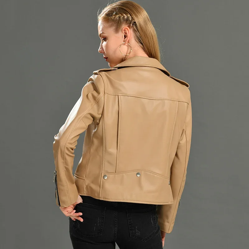 Veste de motard en cuir de mouton véritable pour femme, manteau de moto rivet, mode féminine, printemps, 2019