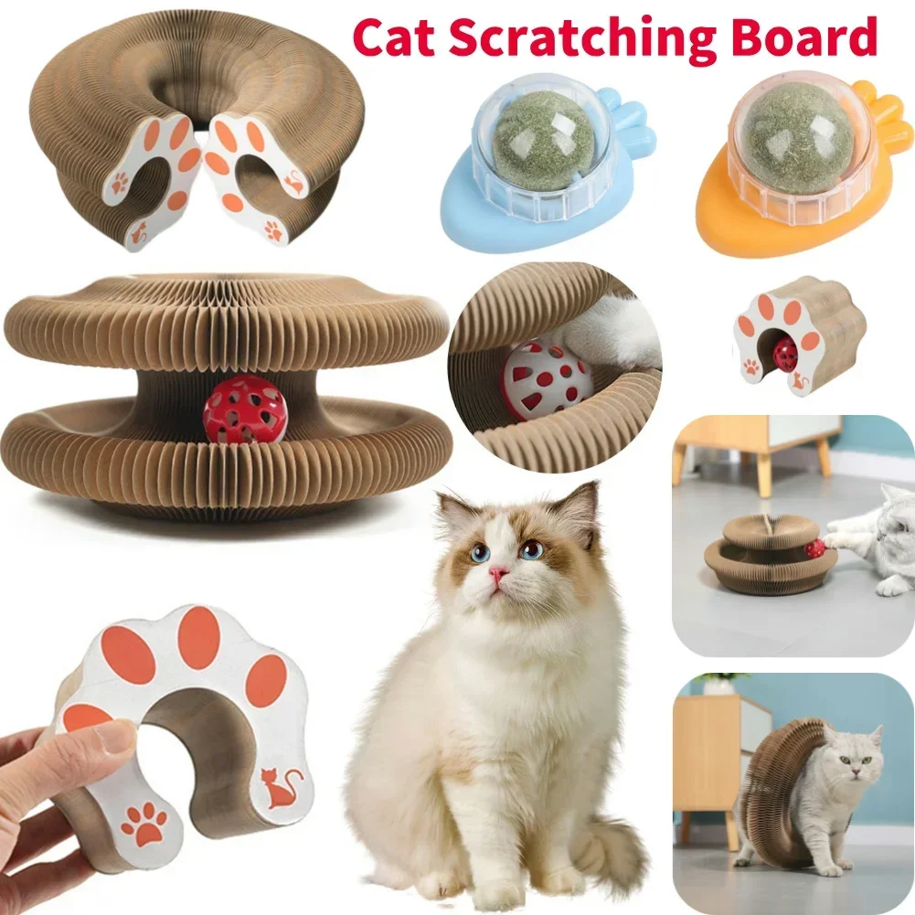 Interactive Foldable Cat Scratch Board Toy with Bell round Corrugated Climbing Frame Grinding Claw Magic Organ for Cats