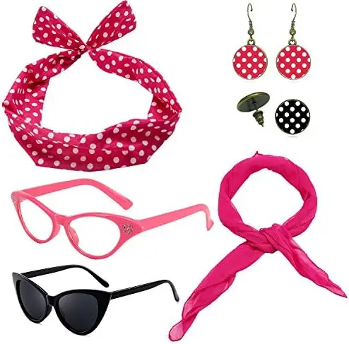 Pesenar 1950の女性用コスチュームアクセサリー-50sシフォンスカーフ、猫の目、バンダナタイヘッドバンド、ドロップドットイヤリング