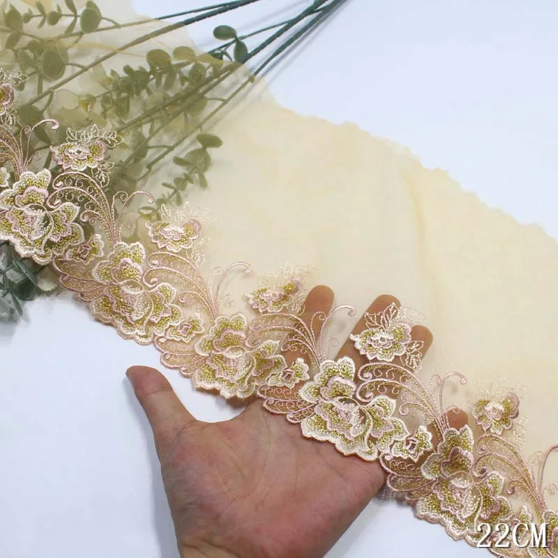 

40yards Embroidery Lace Trim Yellow Mesh Gold Thread Flowers For Clothing Accessories Dress Sewing Applique Costume Lace Fabric