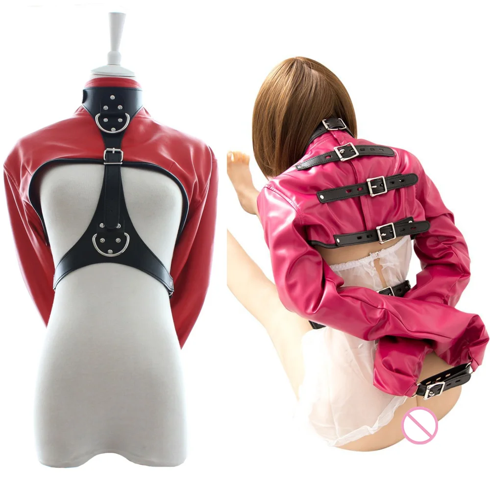 2024 Women Erotic Jacket Halloween Costume Restraint Straight Sexy Open Breast Cupless Leather Bondage Jacket Tops for Female