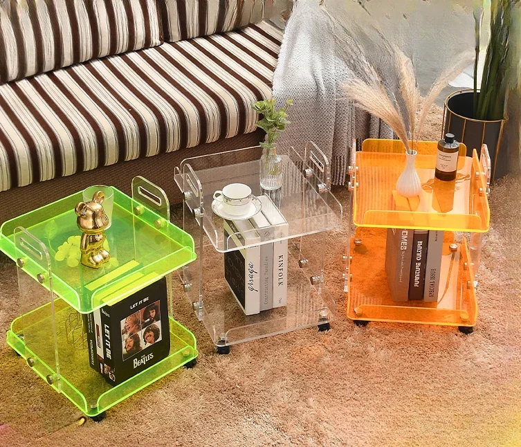 Mesa lateral transparente de acrílico, estante de almacenamiento móvil con ruedas, mesa de centro móvil