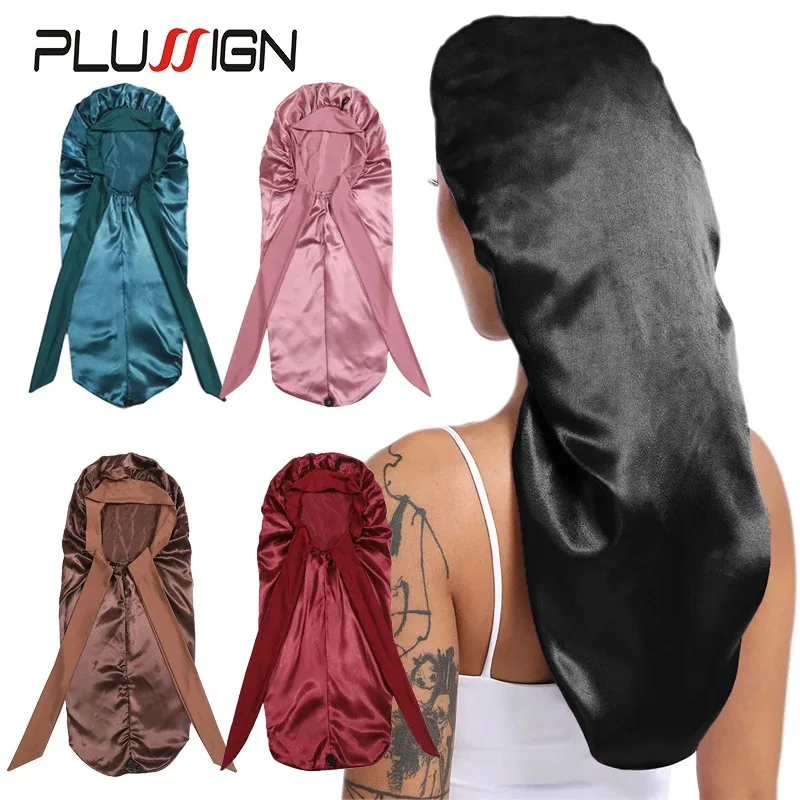 Touca de cetim longa, cor sólida, tamanho extra grande, com laço longo, para mulheres negras, para cuidados com os cabelos, para todos os tipos de cabelo.