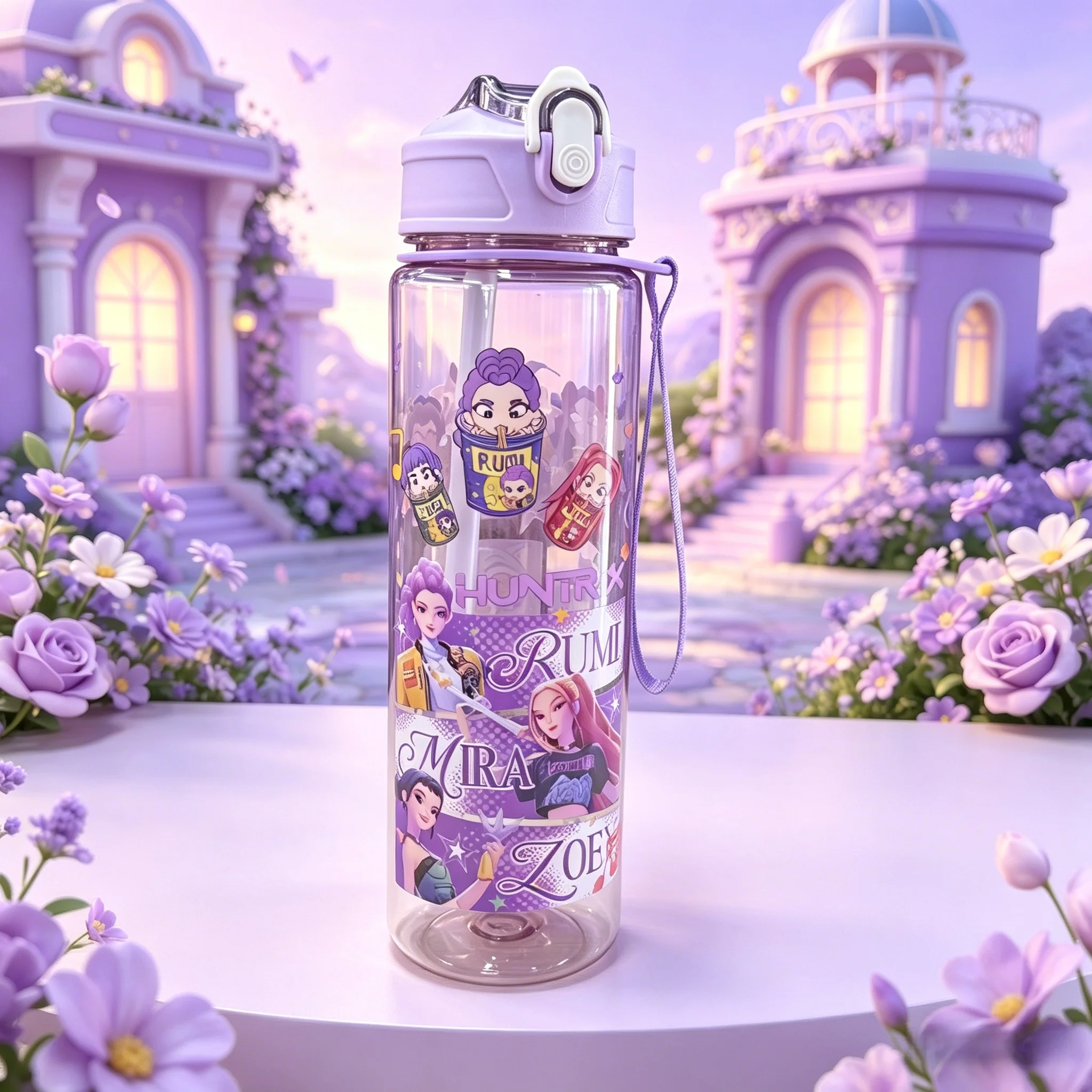 Bouteille d'eau imprimée double face motif Fille Mignonne et Chat, Tasse tendance et stylée avec cordon portable, Transparente