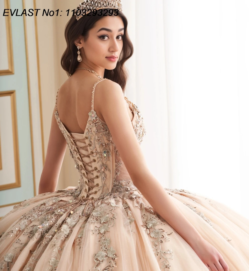 EVLAST Customized Champagne Sequins Ball Gown Quinceanera Dress Lace Applique Beading Corset Sweet 16 Vestidos De 15 Anos E1Q819