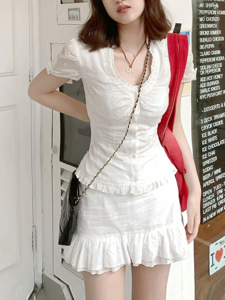 

France Lace Casual Short Sleeve 2-piece Set Women Summer Sweet Japanese White Hollow Out Suit Female Design Chic Thin Outfits