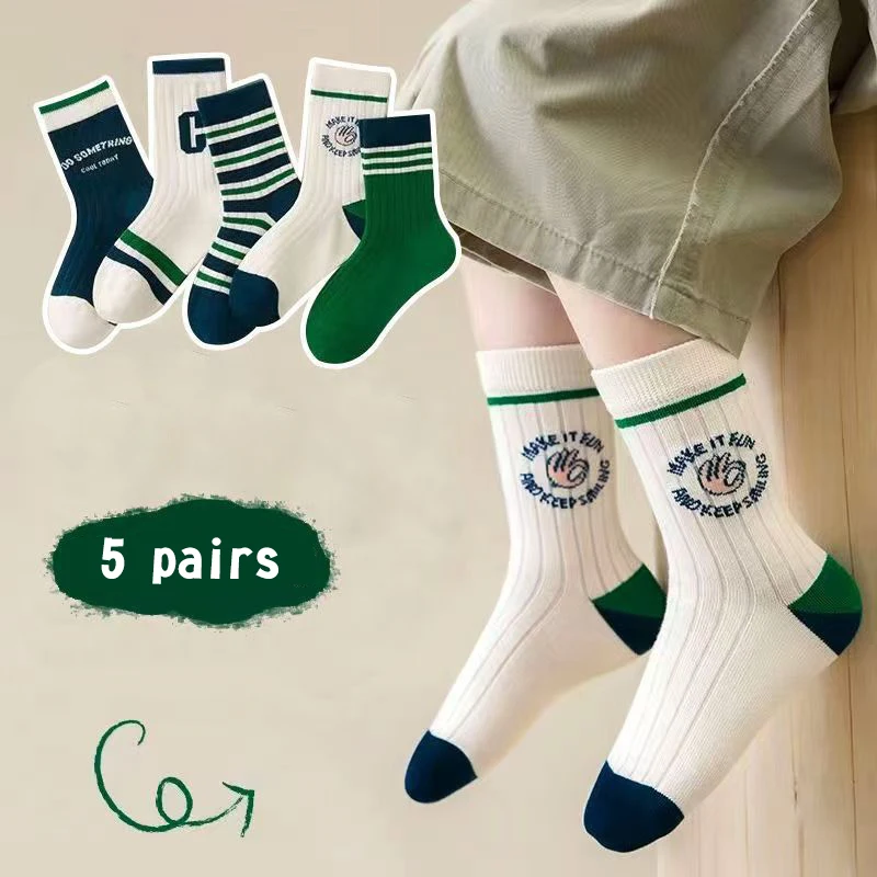 5Pairs Fashion Stripe Children Sports Socks Green Letter C Kids Middle Tube Sock 3-13Year Boys Girls Spring Autumn Cotton Socks