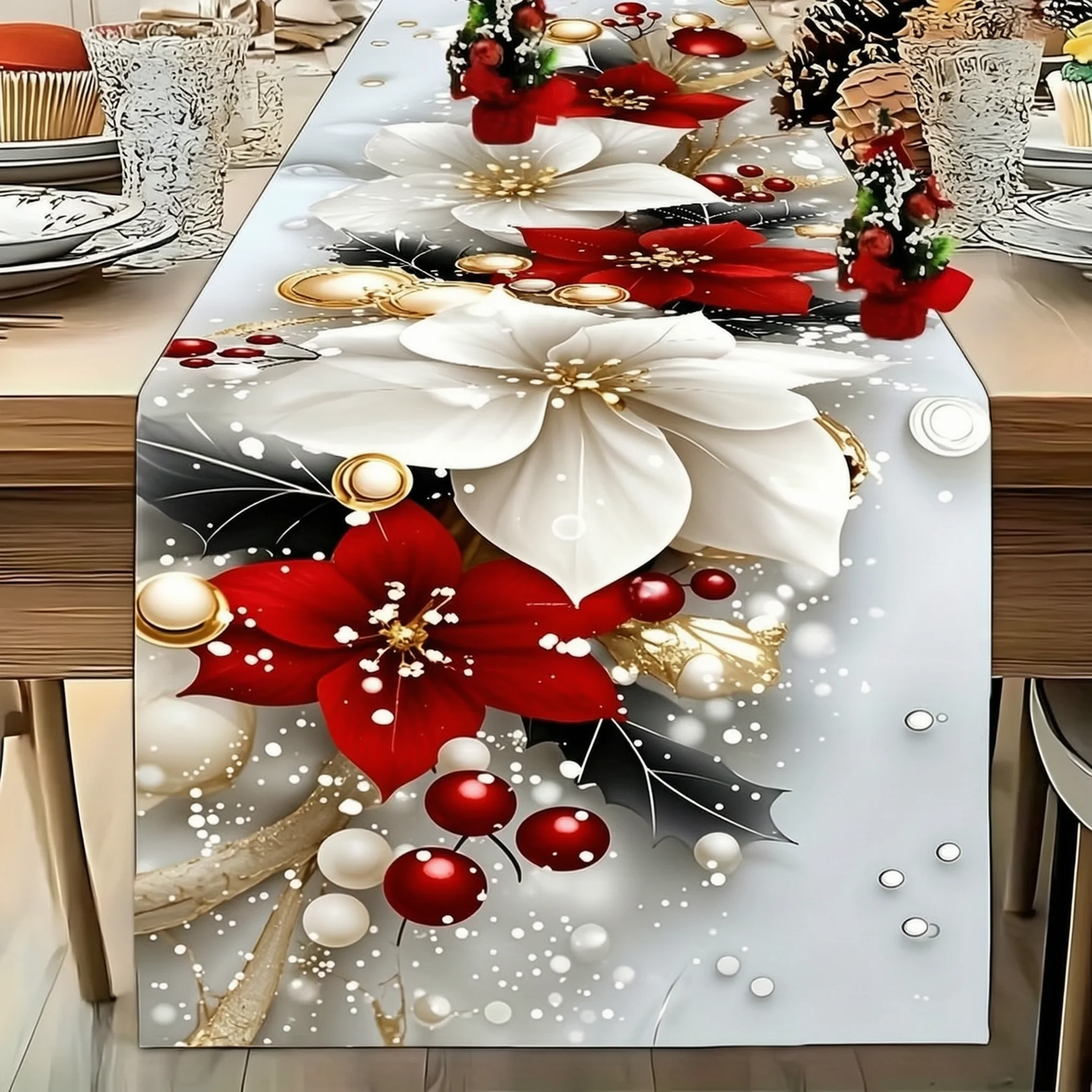 Red Green Christmas Table Runner, Easy-Clean Tablecloth, Xmas Decor for Kitchen Dining Table, Family Dinner & Holiday Party