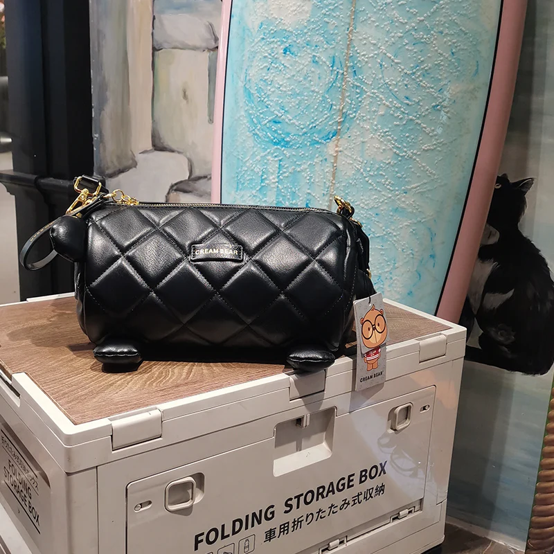 Cream Bear Cylinder Bag High Quality Leather Cartoon Cute Pink Women's Bag Sweet Casual Fashion Shoulder Crossbody Bags