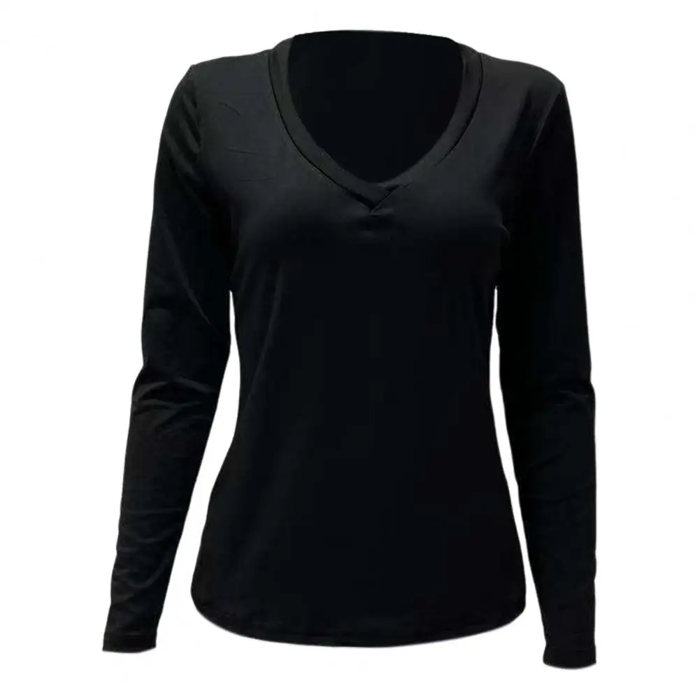 Autumn Women Blouse Soft Stretchy V-neck Women's Long Sleeve Tee Shirt Slim Fit Solid Color Pullover Top for Daily Wear Women