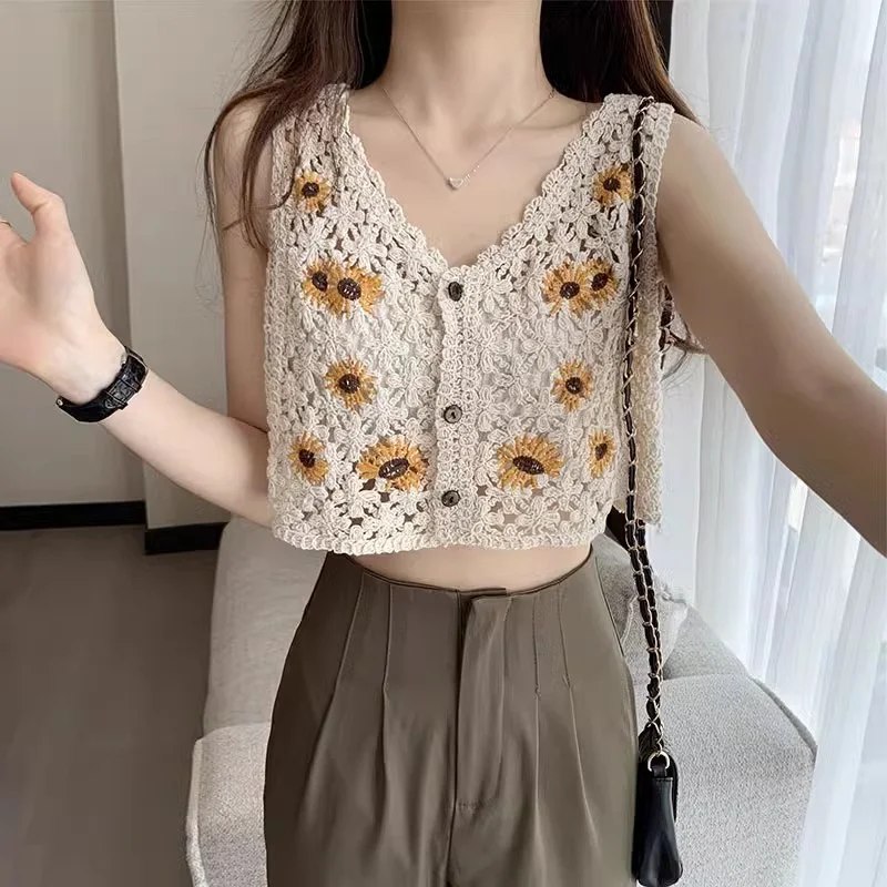 Embroidery Floral Crochet Vest for Women Button Front Sleeveless Jacket Crop Cardigan Tanks Summer Fairycore Cottagecore Outfit