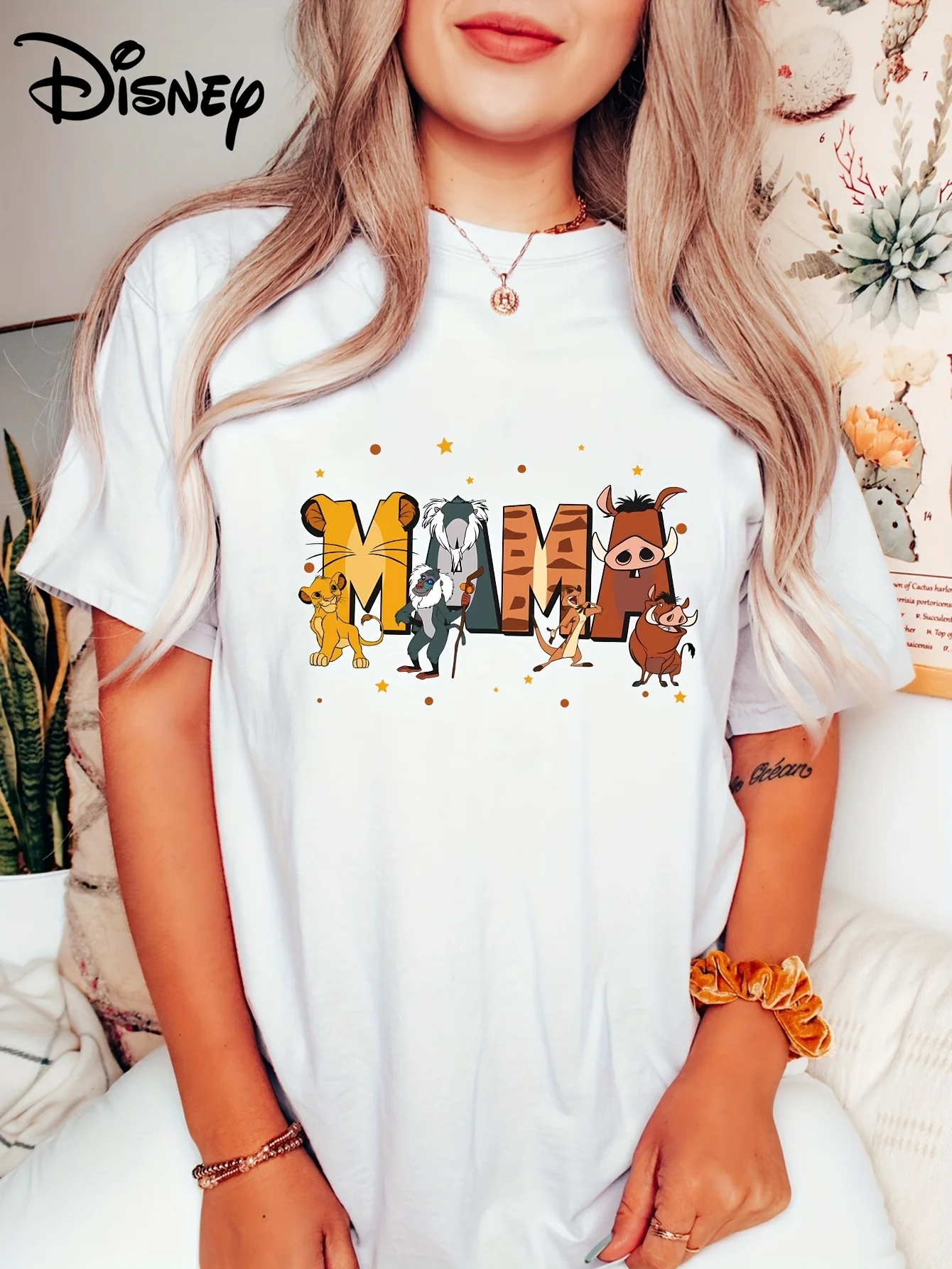 

2025 Disney Pattern Printed Women's Casual Comfortable Unique Smiling Face Black Round Neck Short Sleeve T-shirt
