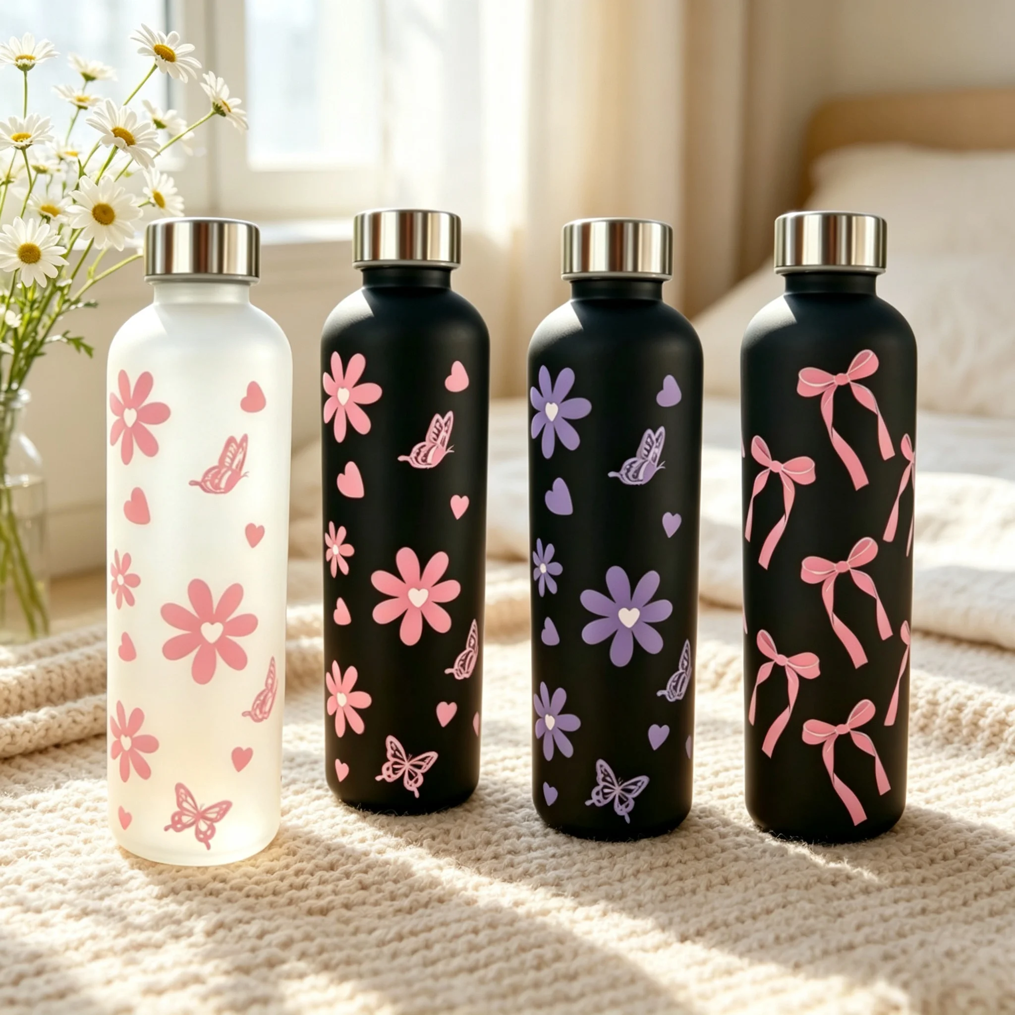 New 1000ML Matte Water Bottle with Bow & Flower Prints, Daily Portable Leak-Proof Stylish Plastic Cup for Home, Outdoor & Travel