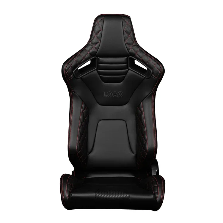 Universal Racing Seats Pair with Dual Sliders black PU Leather red Stripe Reclinable Left Right