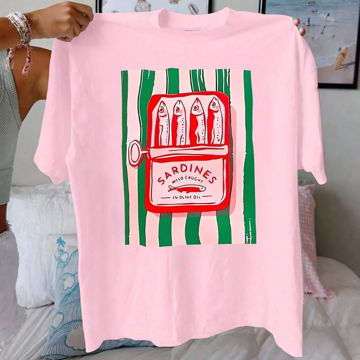 Camiseta de verano para mujer, Camiseta de algodón con estampado de sardina, cuello redondo, Material transpirable, Top informal de manga corta a la moda para mujer