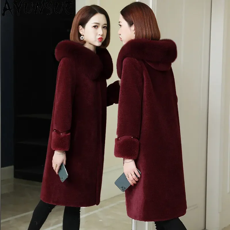 

100% Sheep Shearing Coat Hooded Fox Fur Collar Medium-length Wool Coats For Women Winter Jacket Women Fur Jackets Abrigos Mujer